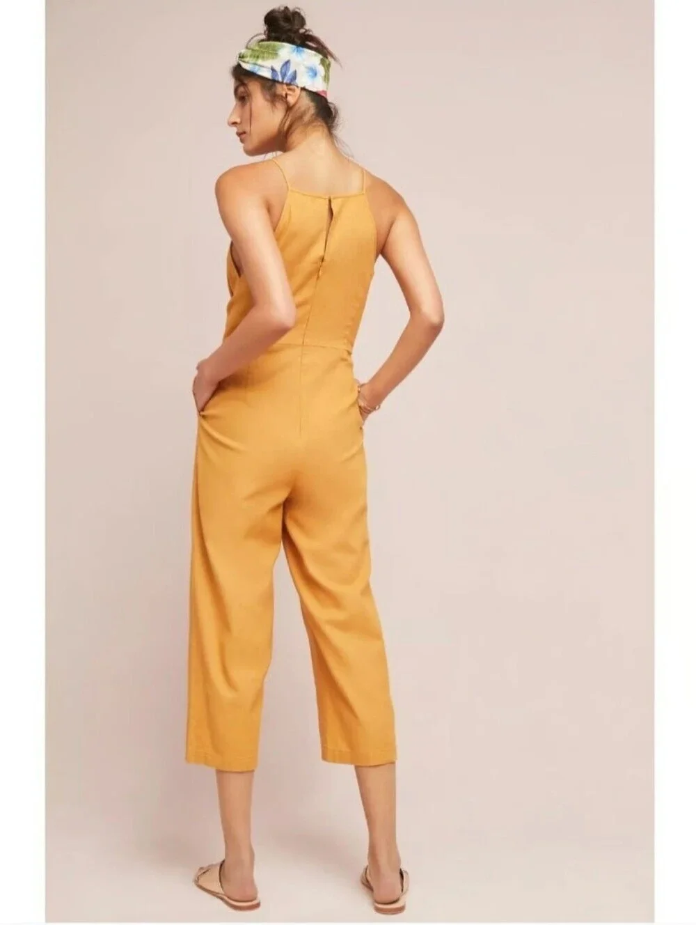 Greylin Linen Cotton Jumpsuit Tie Waist Wide Leg Mustard Anthropologie sz S